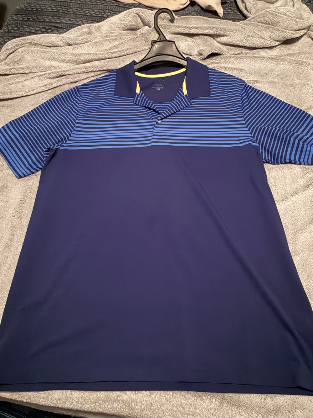 Chaps Navy and Royal Blue Striped Polo with Yellow Accent